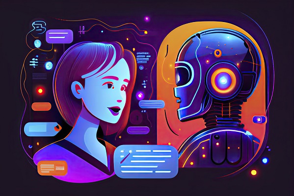Desenho: humano de frente para robô com detalhes de chat